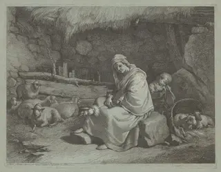 Interior of a Stable with a Seated Spinner and Sleeping Child, by Francesco Londonio, ink, 1770