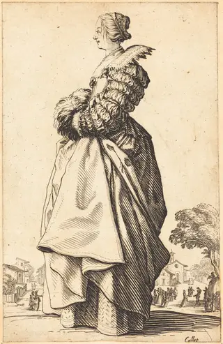 Noble Woman in Profile with her Hands in a Muff, by Jacques Callot, ink, 1622