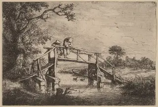 Landscape with a Bridge and Two Fishermen, by Adriaen van Ostade, ink, 1652