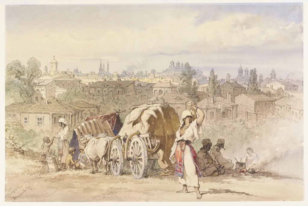 A Gipsy Encampment at Filaret outside Bucharest, by Aloysius Rosarius Amadeus Raymondus Andreas Preziosi, watercolor, 1869