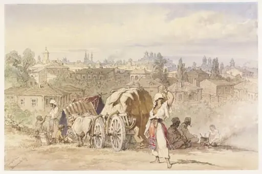 A Gipsy Encampment at Filaret outside Bucharest, by Aloysius Rosarius Amadeus Raymondus Andreas Preziosi, watercolor, 1869