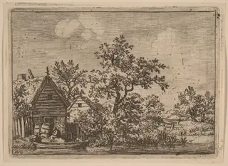 Two Casks in Front of a Cottage, by Allart van Everdingen, ink, 1650