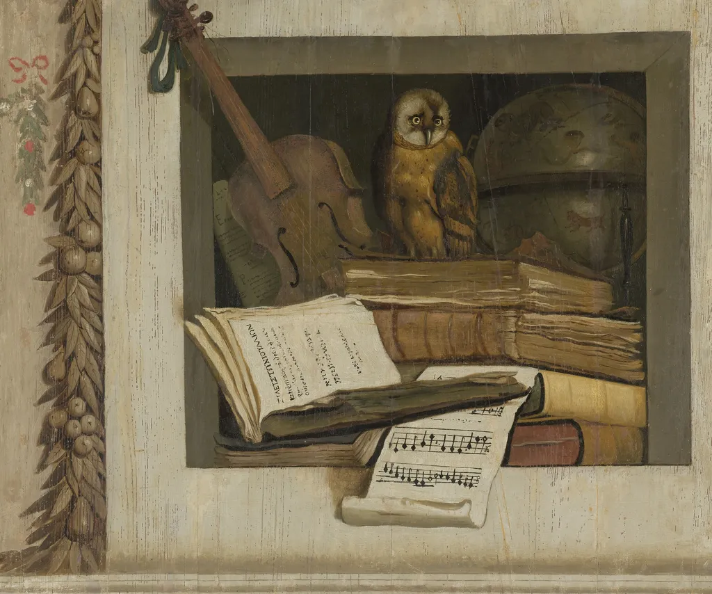 Still Life with Books, Sheet Music, Violin, Celestial Globe and an Owl, by Jacob van Campen, oil, 1650