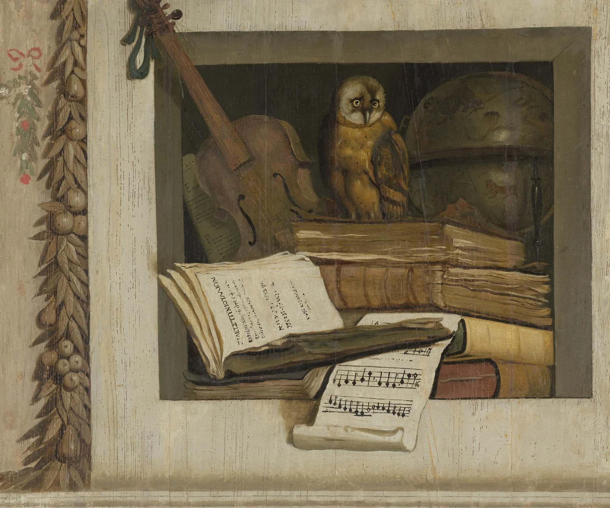 Still Life with Books, Sheet Music, Violin, Celestial Globe and an Owl, detail