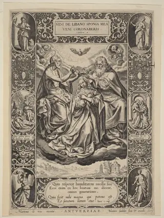 The Coronation of the Virgin, by Jan Sadeler I, ink, 1576