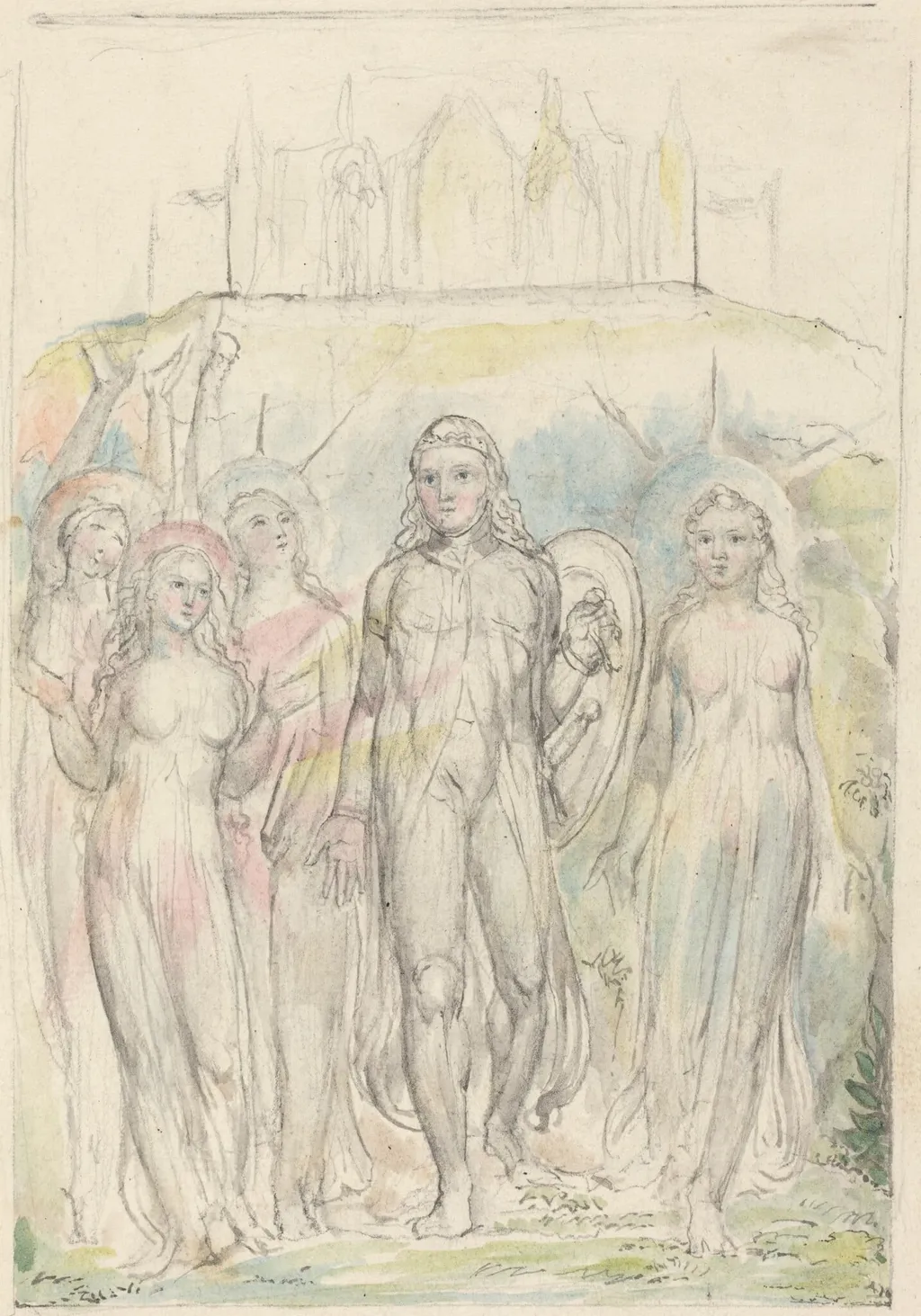 Christian with the Shield of Faith, Taking Leave of His Companions, by William Blake, graphite, 1826