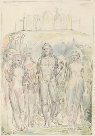 Christian with the Shield of Faith, Taking Leave of His Companions, by William Blake, graphite, 1826