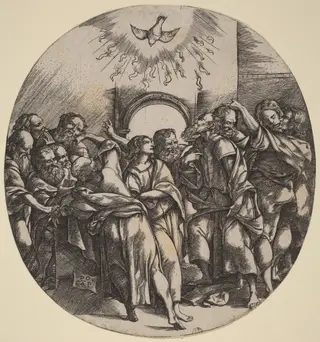 The Descent of the Holy Spirit, by Domenico Campagnola, ink, 1518
