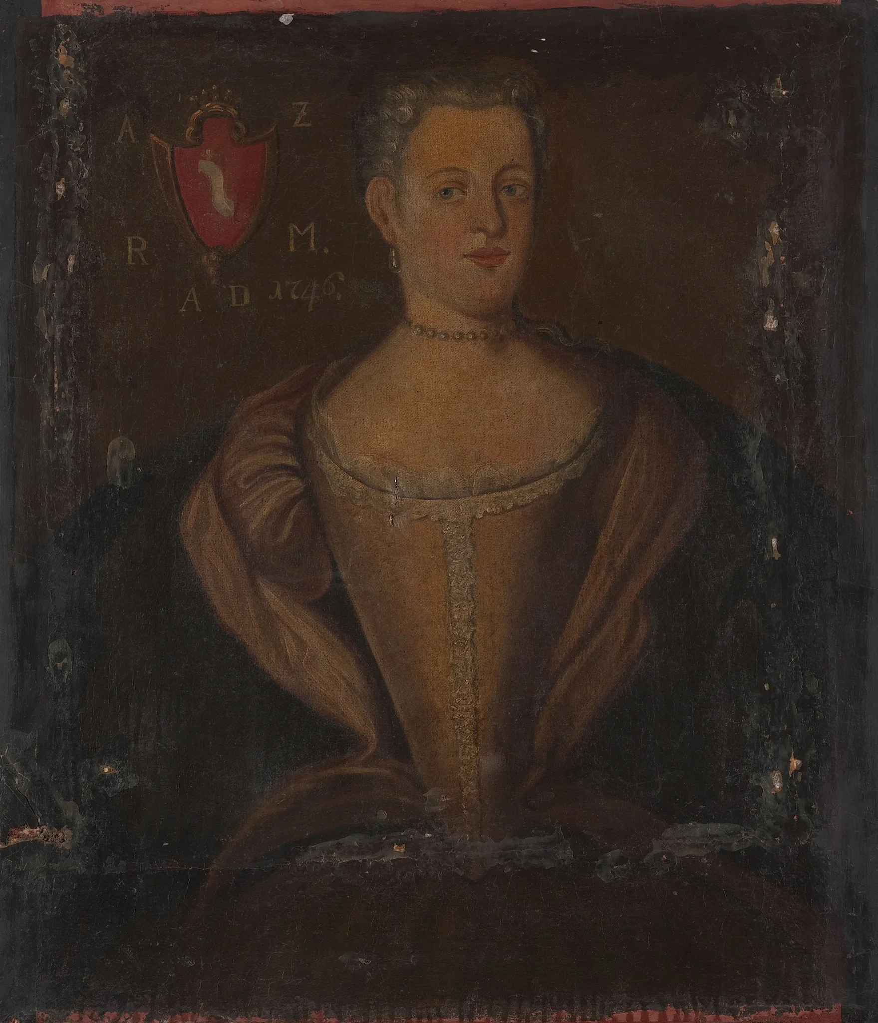 Portrait of a lady, Szreniawa coat of arms, with the letters AŻRM, detail