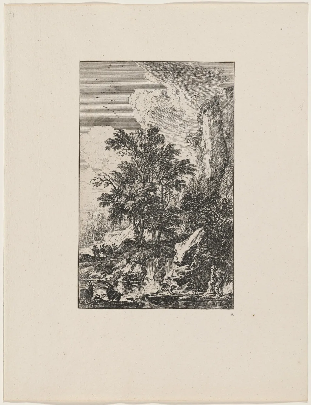 Two Goats by the Water, by Joachim Franz Beich, ink, 1712