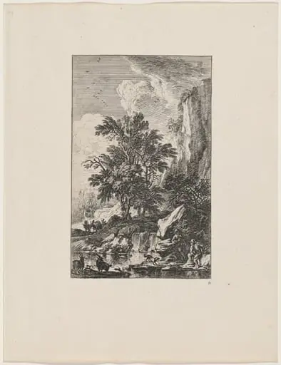 Two Goats by the Water, by Joachim Franz Beich, ink, 1712