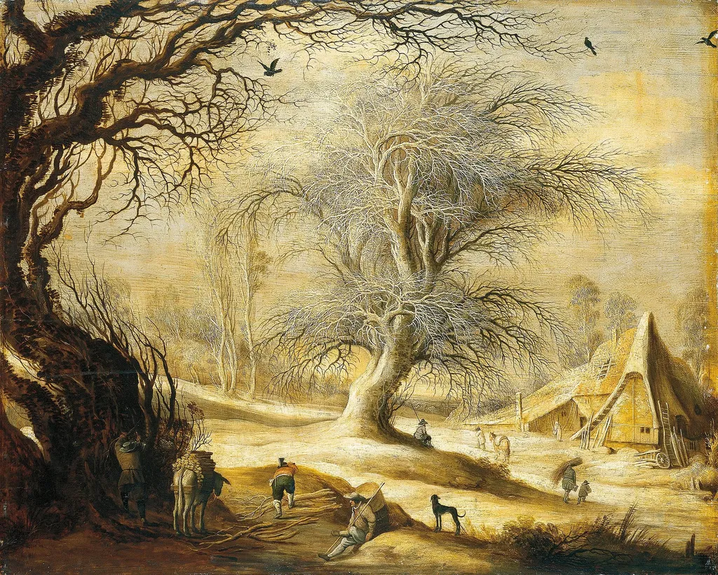 Winter Landscape with Woodcutters, by Gijsbrecht Leytens, oil, 1630