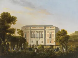 View of the south Façade of the Museo del Prado from inside the Botanical Gardens, by José María Avrial y Flores, oil, 1835
