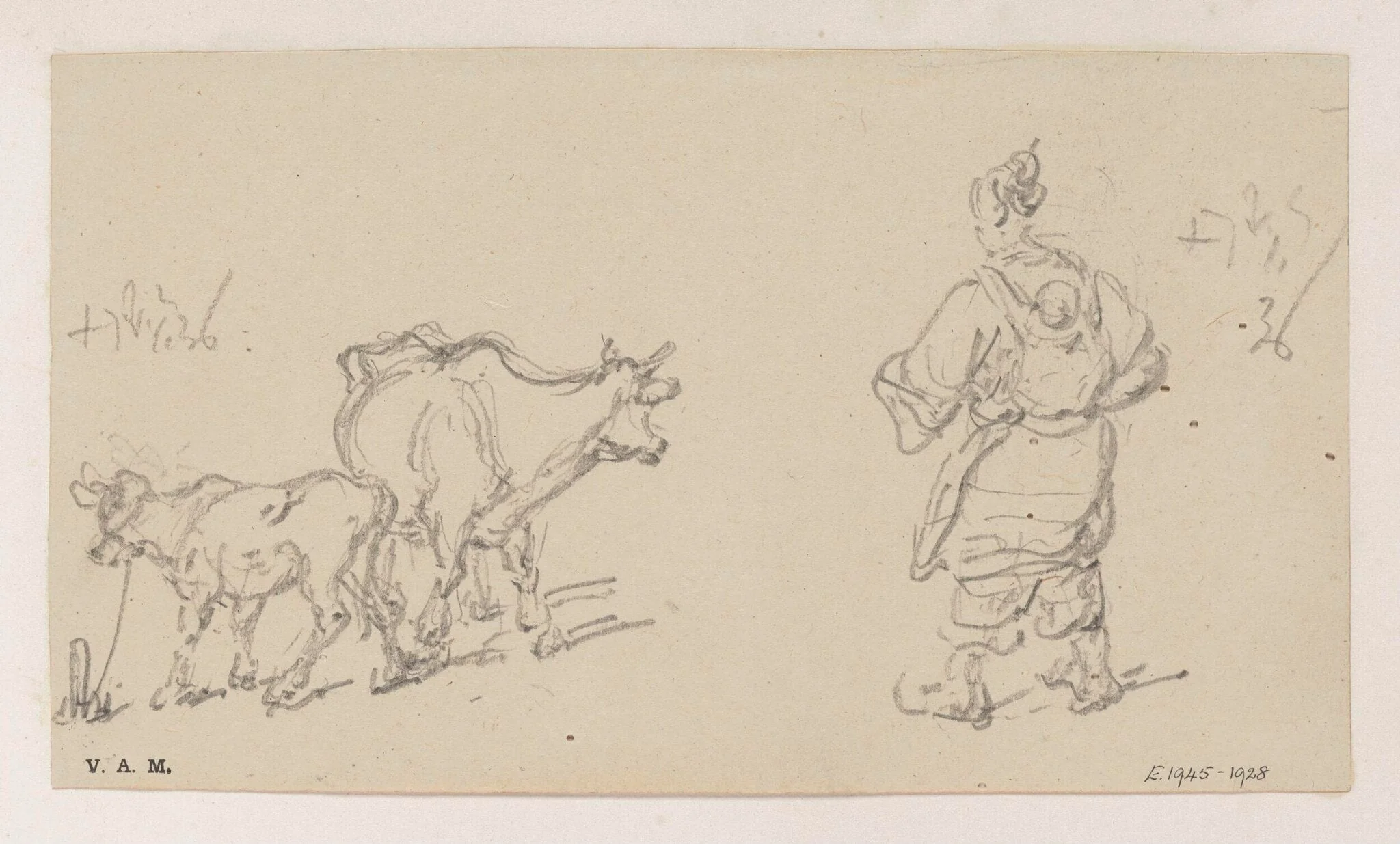 A cow and calf, and a boatwoman with a child on her back, detail