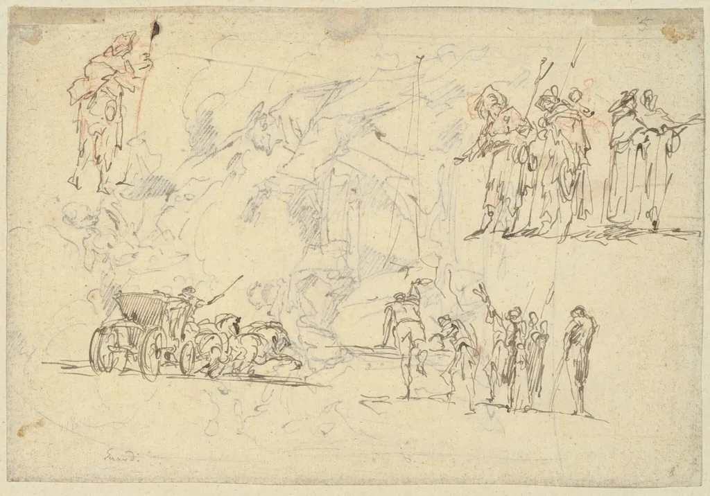 Figure Studies and a Horse-Drawn Carriage (recto), by Gaspare Diziani, ink, 1701