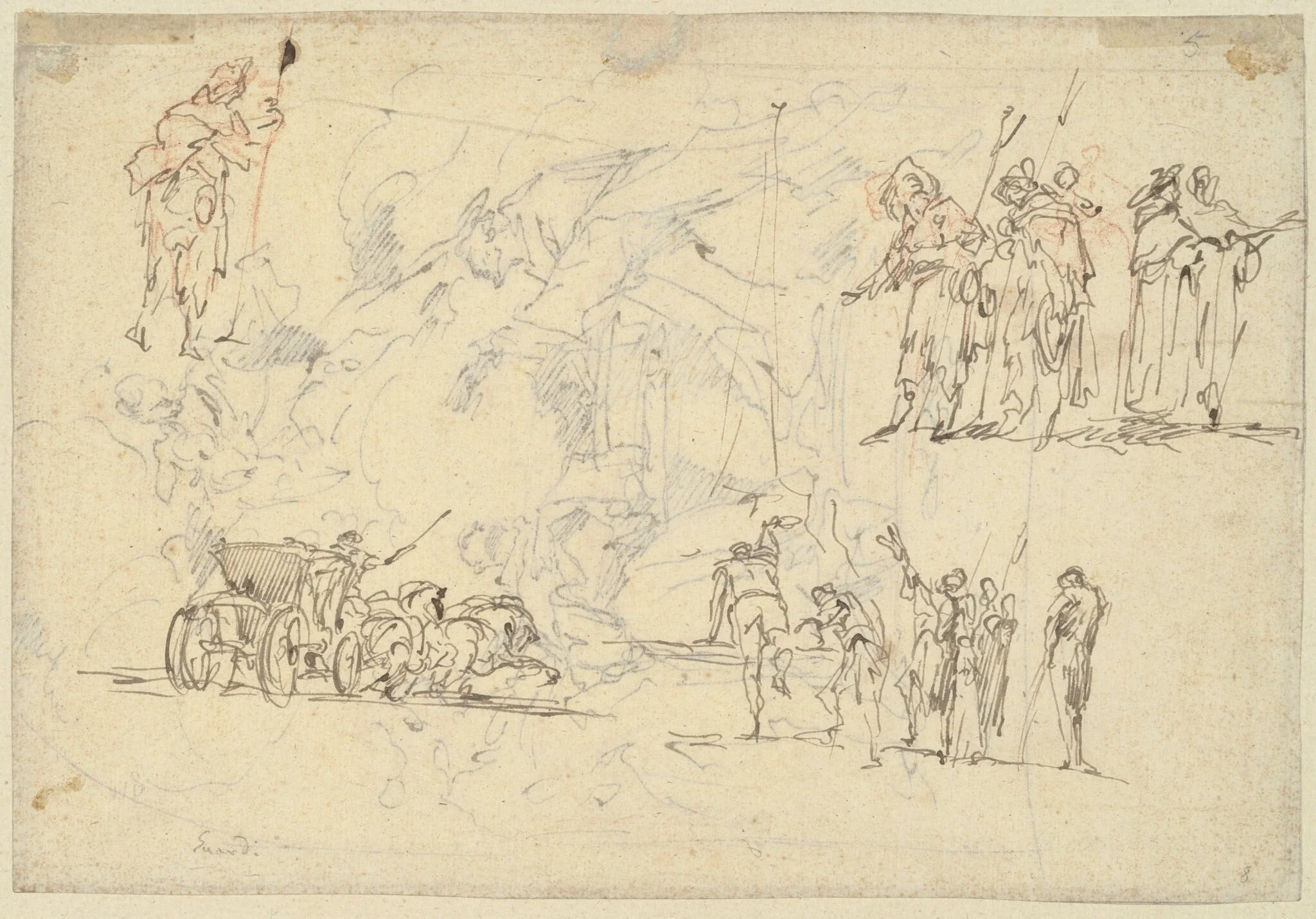 Figure Studies and a Horse-Drawn Carriage (recto), detail