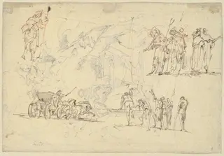 Figure Studies and a Horse-Drawn Carriage (recto), by Gaspare Diziani, ink, 1701