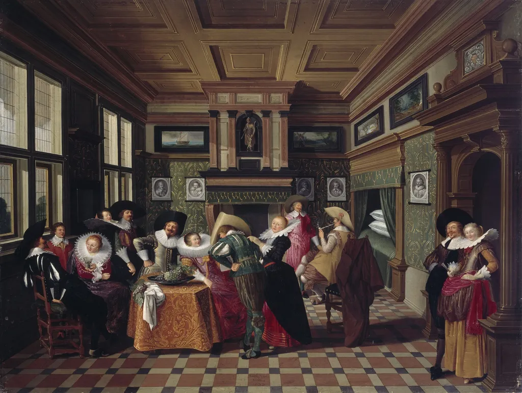 An Interior with Ladies and Cavaliers, by Dirck van Delen, oil, 1629