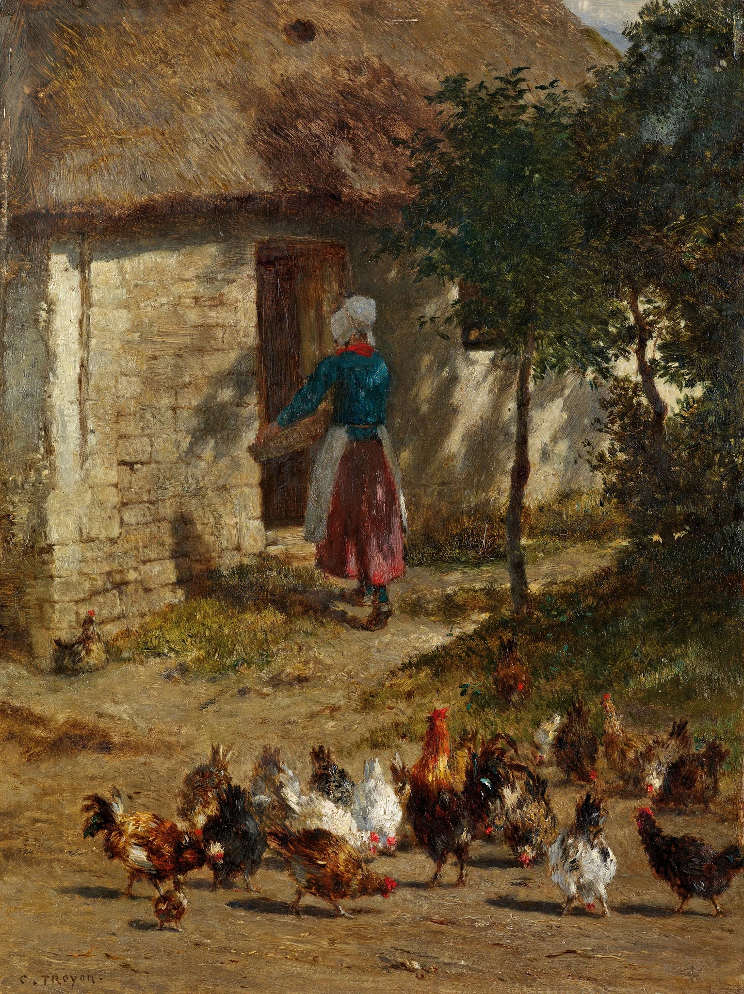 Chickens in front of a farmhouse, detail