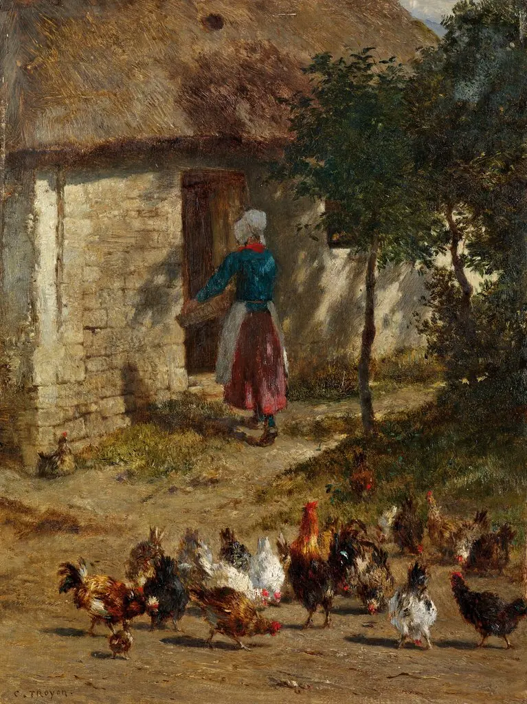 Chickens in front of a farmhouse, by Constant Troyon, oil, 1855