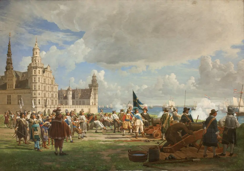 Den hollandske flåde under admiral Opdam passerer Sundet d. 29. oktober 1658 under Svenskekrigen 1657-60, by Frederik Christian Lund, oil, 1872