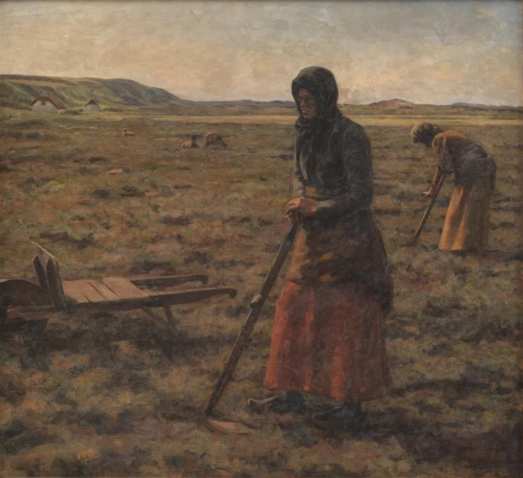 Kvinder hakker lyng, by Jens Vige, oil, 1906