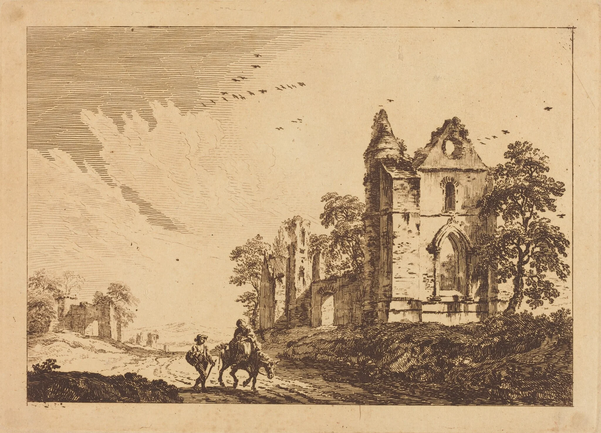 Ruined Abbey with Travelers on the Road, detail