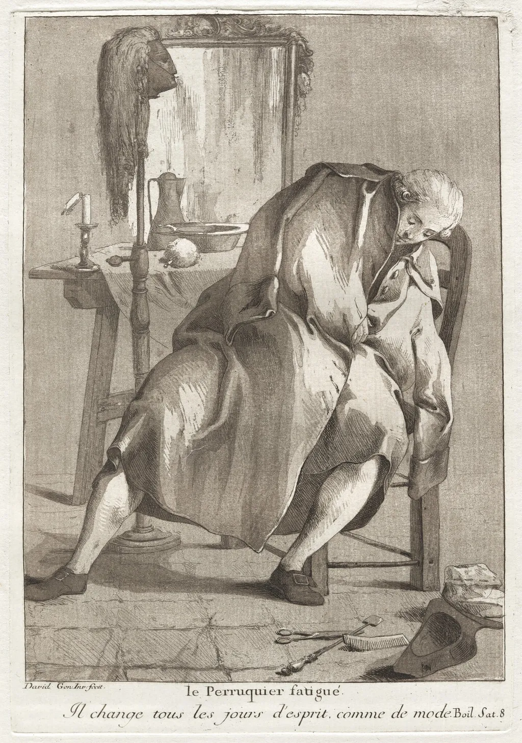 Le Perruquier fatigué (The Tired Wigmaker), by Giovanni David, ink, 1775