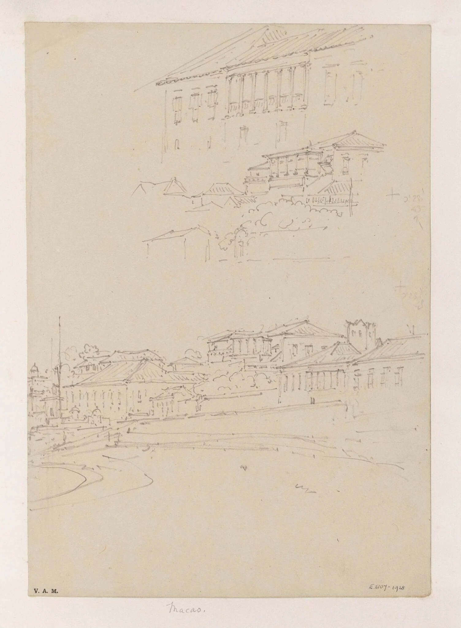 Three drawings of buildings on the Praya Grande, Macau, detail
