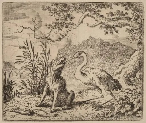 The Wolf and the Crane, by Allart van Everdingen, ink, 1650