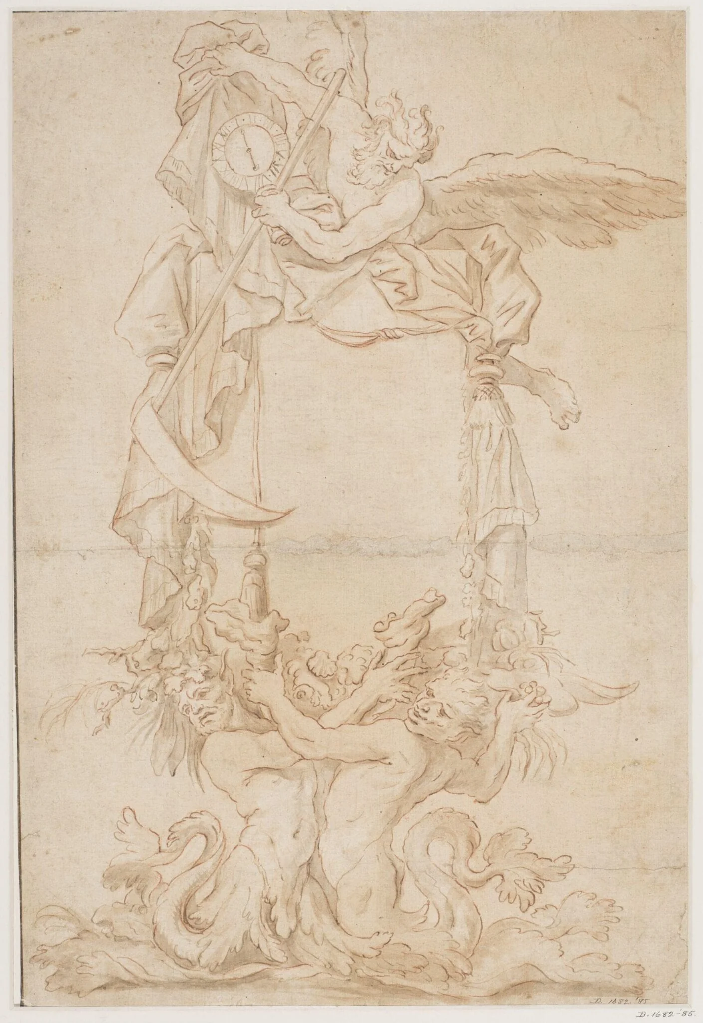 Ornamental design, probably for a title page: a figure of Time resting on a cartouche held up by a pair of tritons and holding a clock, detail