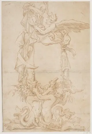 Ornamental design,  probably for a title page: a  figure of Time resting on a  cartouche held up by a pair  of tritons and holding a clock, by Domenico Piola, 1650