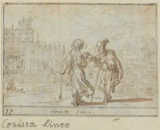 Corisca and Linco, by Johann Wilhelm Baur, ink, 1640