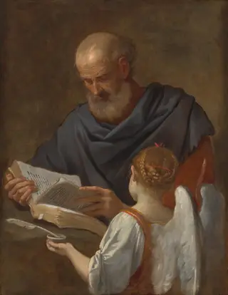 Saint Matthew and the Angel, by Simone Cantarini, oil, 1646