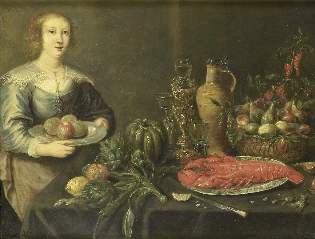 A young woman near a table with fruits, by Monogrammist AS, oil, 1650