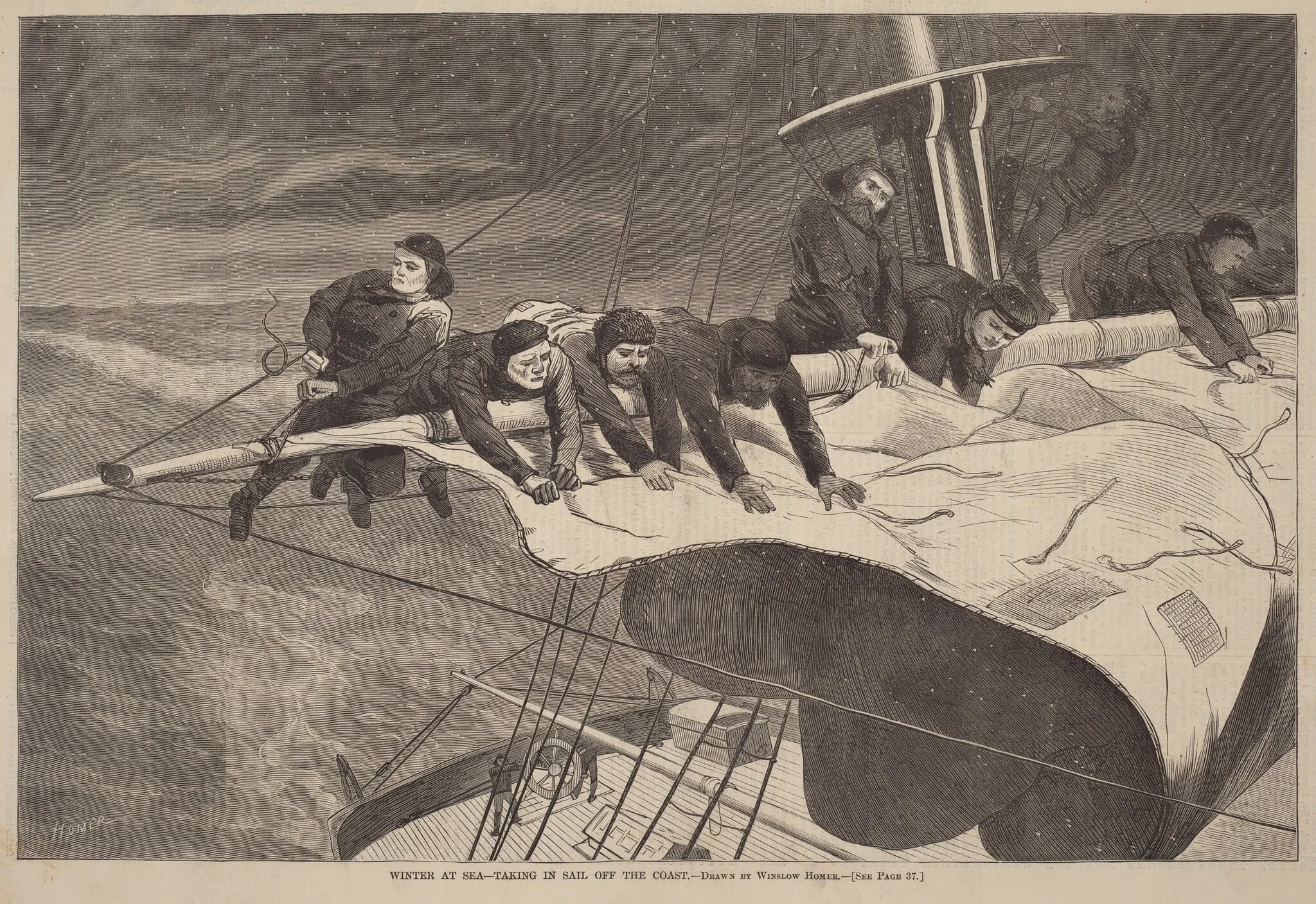 Winter at Sea - Taking in Sail Off the Coast, detail