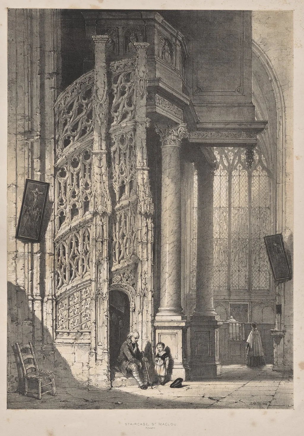 Architecture of the Middle Ages:  Staircase, St. Maclou, Rouen, by Joseph Nash, 1838