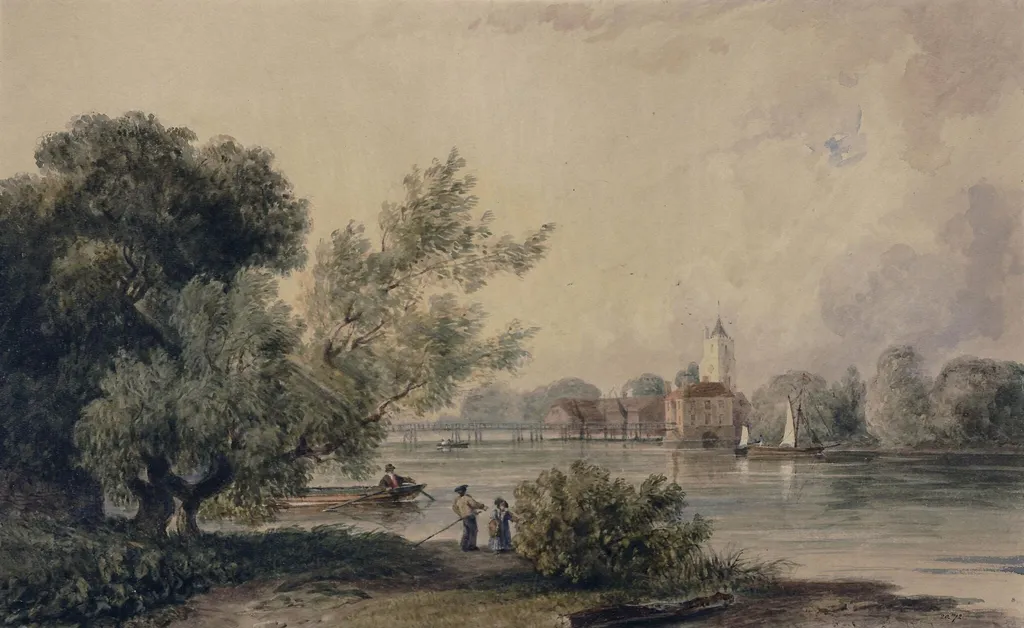 Fulham Church and Putney Old Bridge, by George Harley, watercolor, 1837