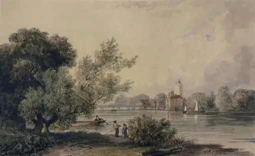 Fulham Church and Putney Old Bridge, by George Harley, watercolor, 1837