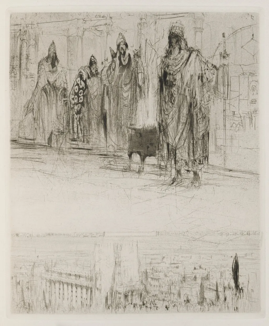 Herodias: Page 13, The tetrarch was awaited by several Galileans, the master of scribes, the chief of the land steward, the manager of the salt mines, and a Jew from Babylon commanding his troops on horse, by William Walcot, 1928