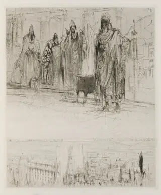 Herodias: Page 13, The tetrarch was awaited by several Galileans, the master of scribes, the chief of the land steward, the manager of the salt mines, and a Jew from Babylon commanding his troops on horse, by William Walcot, 1928