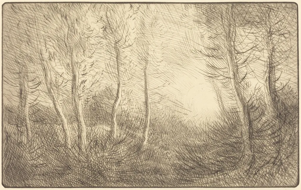 Sunrise, Woods of Clamard (Lever du soleil, bois de Clamard), by Alphonse Legros, ink, 1874