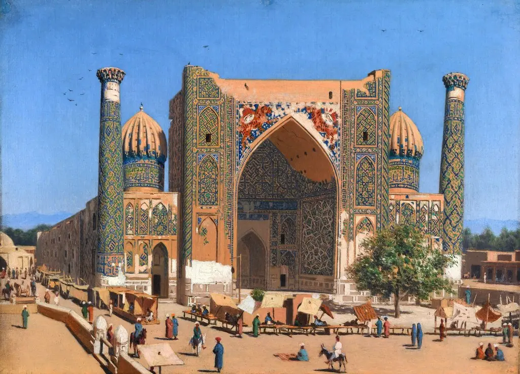 Medrasah Shir-Dhor at Registan place in Samarkand, by Vasily Vereshchagin, oil, 1869