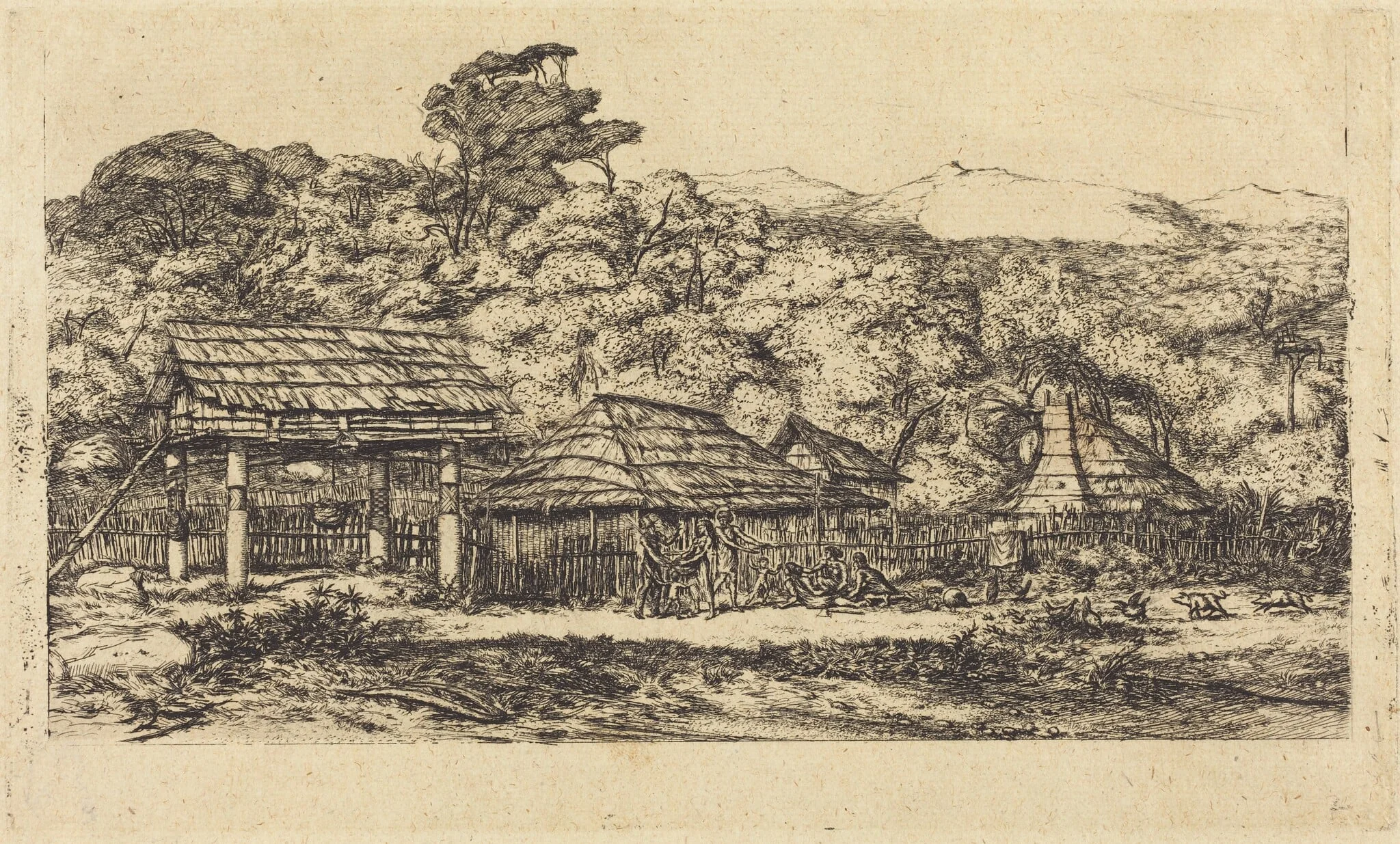 Greniers indigènes et habitations à Akaroa, presqu'Ile de Banks, 1845 (Native Barns and Huts at Akaroa, Banks' Peninsula, 1845), detail