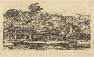 Greniers indigènes et habitations à Akaroa, presqu'Ile de Banks, 1845 (Native Barns and Huts at Akaroa, Banks' Peninsula, 1845), by Charles Meryon, ink, 1865