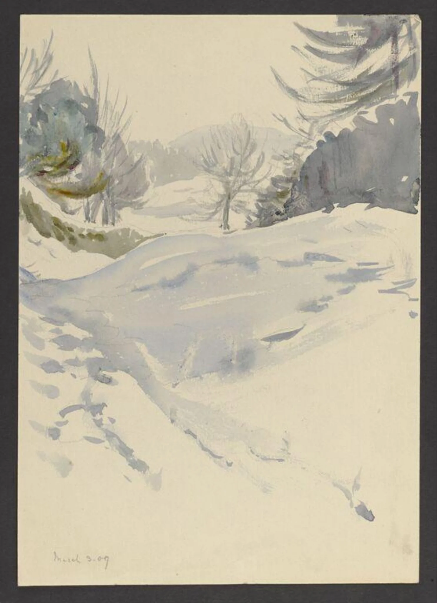 Snowy landscape with trees, detail