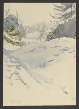 Snowy landscape with trees, by Beatrix Potter, watercolor, 3