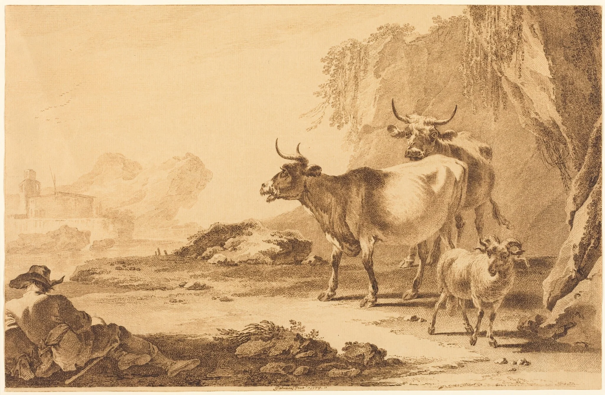 Landscape with Cattle, a Goat, and a Resting Shepherd, detail