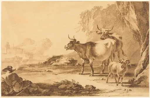 Landscape with Cattle, a Goat, and a Resting Shepherd, by Pietro Giacomo Palmieri, ink, 1774