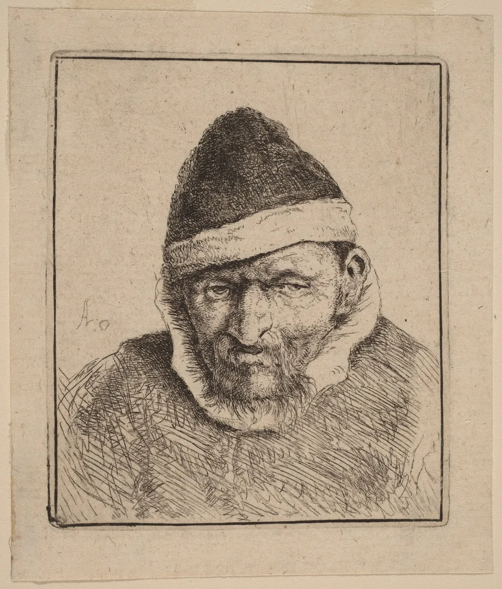Bust of a Peasant in a Pointed Fur Cap, by Adriaen van Ostade, ink, 1647